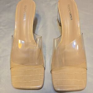 Size 7.5 Fashion Nova Clear Tan Pumps.
